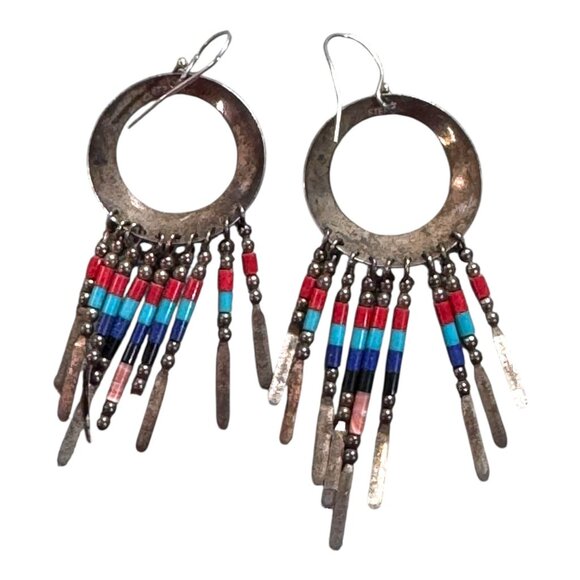 Vtg Sterling Multi Gemstone Southwestern Drop Dangle Earrings Turquoise Coral - Picture 7 of 7